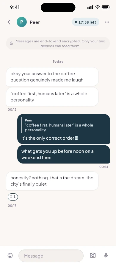 A conversation, with a countdown showing 17:58 left.