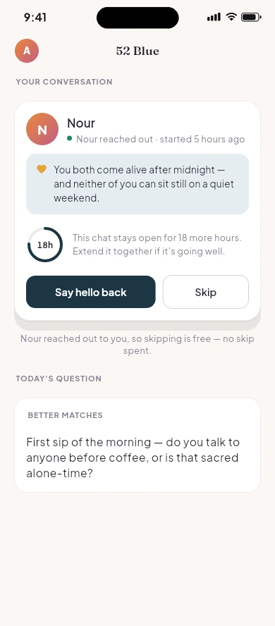 Your conversation card, with the hours left and a choice to say hello back or skip.