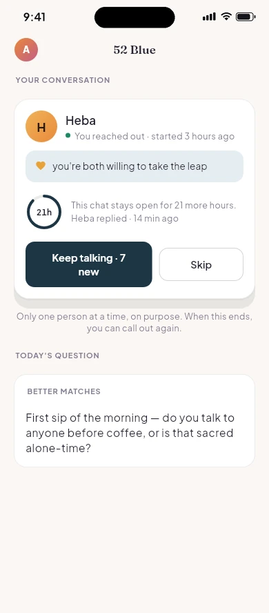 Your conversation card: “Only one person at a time, on purpose.”
